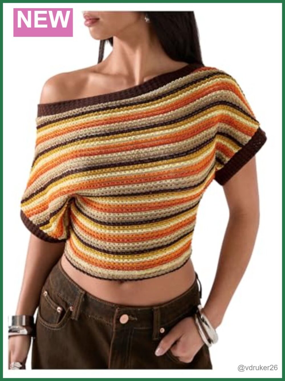 Women's Off Shoulder Striped Crop Top Cinched Waist Short Sleeve